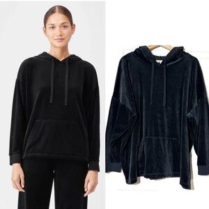 Eileen Fisher Cotton Velour Hooded Black Top Sweatshirt Hoodie XL Sz Winter Warm